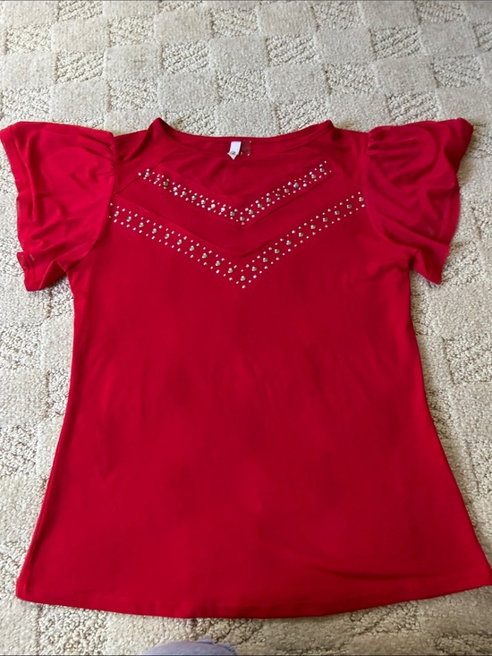 NY Collection Tops - NY Collection Red Short-Sleeve Top with Rhinestone V Detail